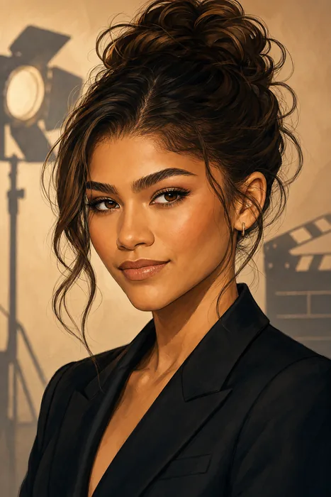 Illustrated head-and-shoulders portrait of Zendaya with subtle film and television production cues.