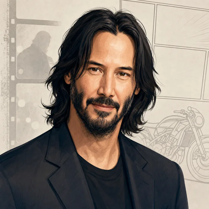 Illustrated head-and-shoulders portrait of Keanu Reeves with subtle film, comics and motorcycle design cues.