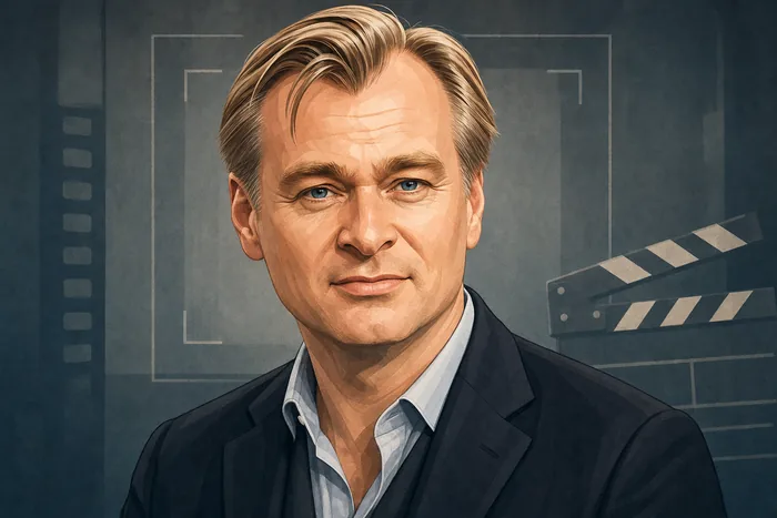 Illustrated head-and-shoulders portrait of Christopher Nolan with understated filmmaking cues.