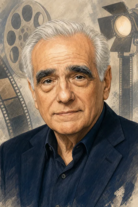 Illustrated head-and-shoulders portrait of Martin Scorsese with subtle filmmaking and film-preservation cues.