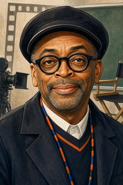 Illustrated head-and-shoulders portrait of filmmaker Spike Lee, with subtle film and classroom cues in the background.