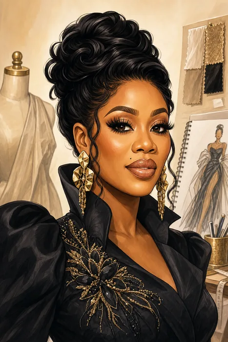 Illustrated head-and-shoulders portrait of Toyin Lawani with understated fashion-design cues.