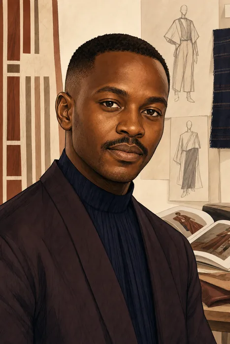 Illustrated head-and-shoulders portrait of fashion designer Thebe Magugu, with subtle fashion design and publishing cues.