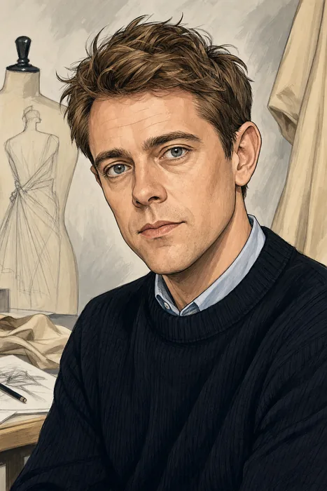 Illustrated head-and-shoulders portrait of Jonathan Anderson, shown in an editorial fashion-design setting with understated garment-sketch cues.