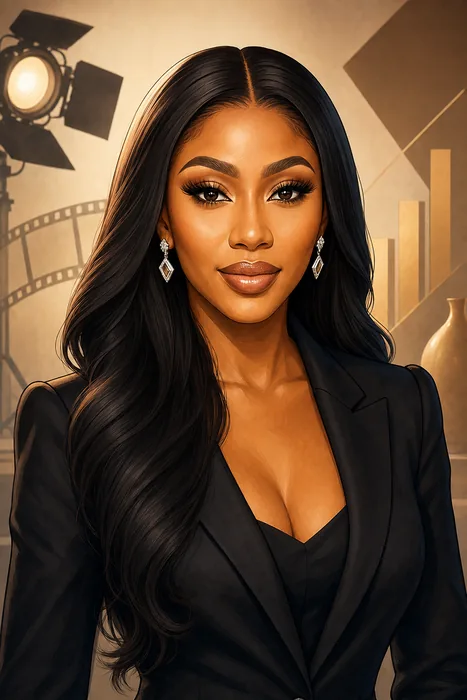 Editorial head-and-shoulders caricature of Mercy Eke with subtle entertainment and entrepreneurship cues.