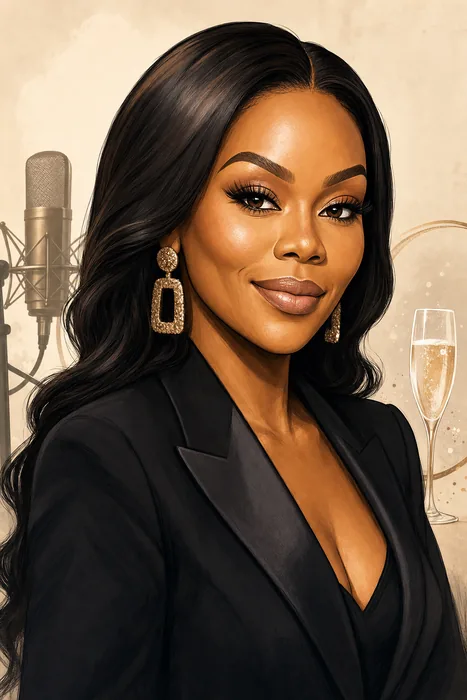 Illustrated head-and-shoulders portrait of South African media personality and entrepreneur Bonang Matheba, with subtle studio and luxury-beverage cues.
