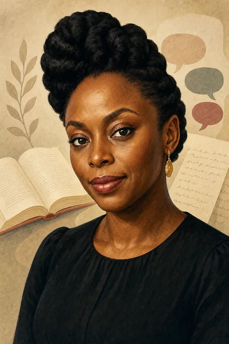 Illustrated head-and-shoulders portrait of Chimamanda Ngozi Adichie with understated literary cues.
