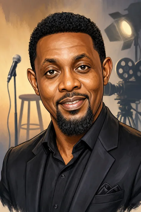 Illustrated head-and-shoulders portrait of AY Makun with subtle comedy-stage and film-production cues.