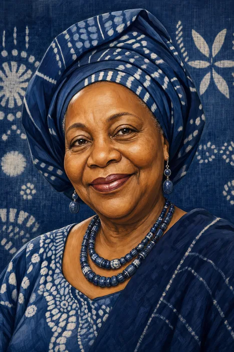 Illustrated head-and-shoulders portrait of Nike Davies-Okundaye with indigo textile-inspired patterns in the background.