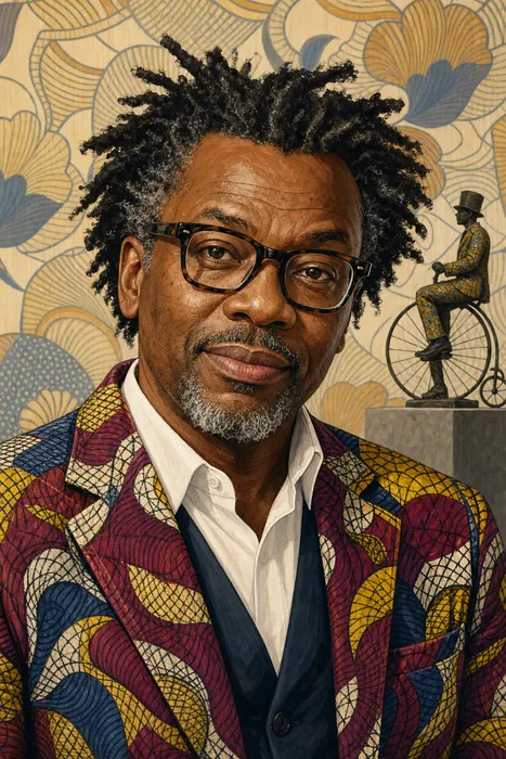 Illustrated head-and-shoulders portrait of Yinka Shonibare with colorful patterned textile motifs in the background.