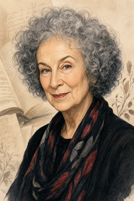 Illustrated head-and-shoulders portrait of Margaret Atwood with subtle literary cues.
