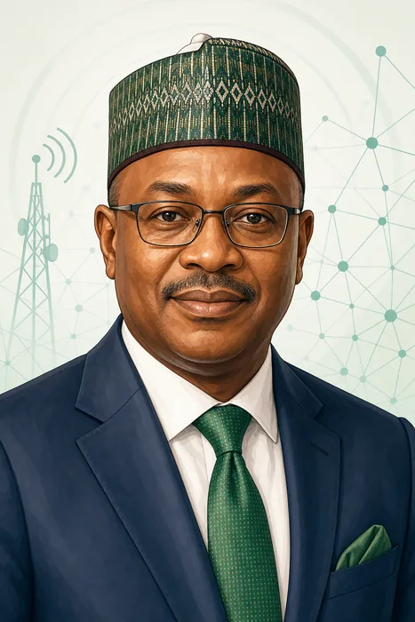 Illustrated head-and-shoulders portrait of Dr. Aminu Maida with subtle telecommunications network imagery in the background.