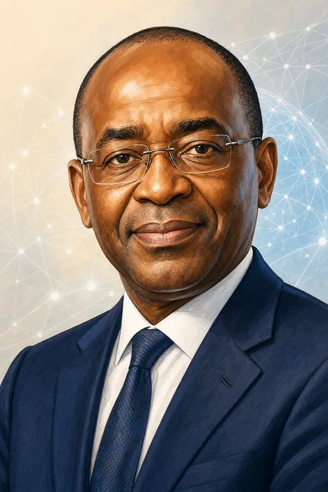 Illustrated head-and-shoulders portrait of Strive T. Masiyiwa with subtle telecommunications and technology motifs in the background.