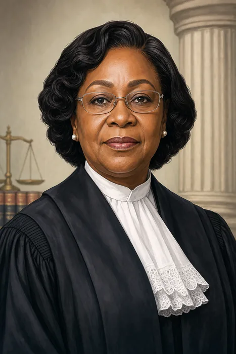 Illustrated head-and-shoulders portrait of Kudirat Kekere-Ekun in formal judicial attire, with subtle courthouse cues in the background.