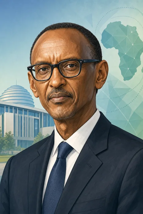 Illustrated head-and-shoulders portrait of Paul Kagame in formal presidential attire, with a subtle Rwanda-themed civic setting.