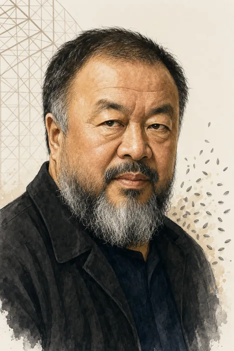 Illustrated head-and-shoulders portrait of Ai Weiwei with subtle contemporary-art and architectural design motifs.