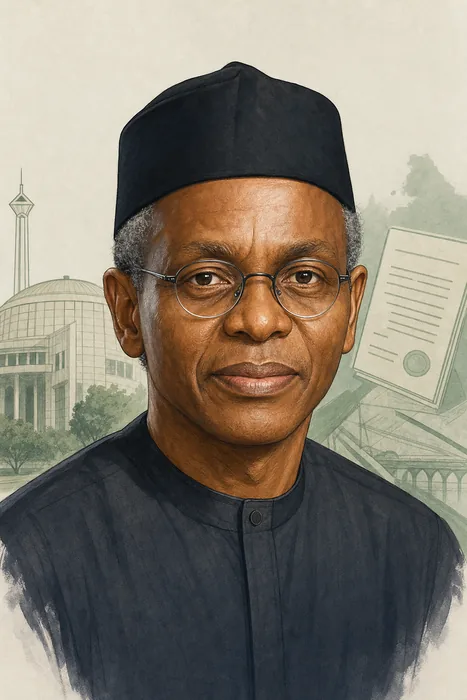 Illustrated head-and-shoulders portrait of Nigerian politician and public administrator Nasir Ahmad El-Rufai, with understated civic-administration cues.