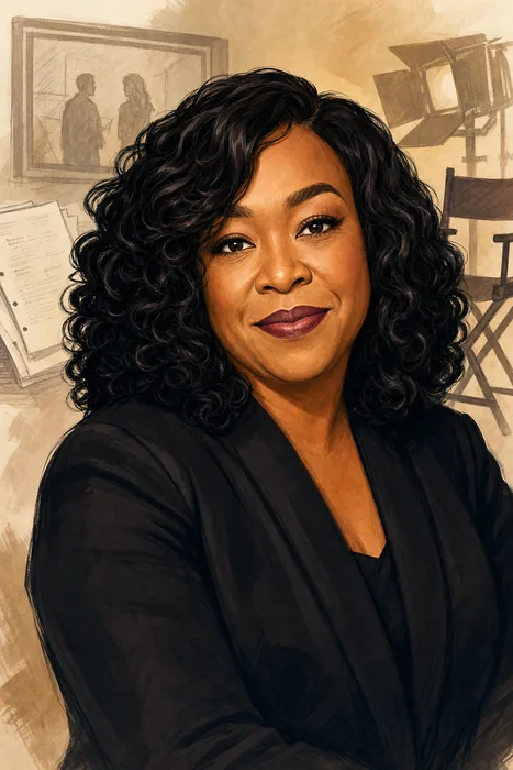Illustrated head-and-shoulders portrait of Shonda Rhimes with subtle television-writing and production cues.
