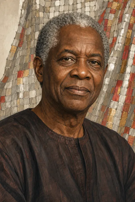 Illustrated head-and-shoulders portrait of El Anatsui with an abstract metal-textile artwork motif in the background.