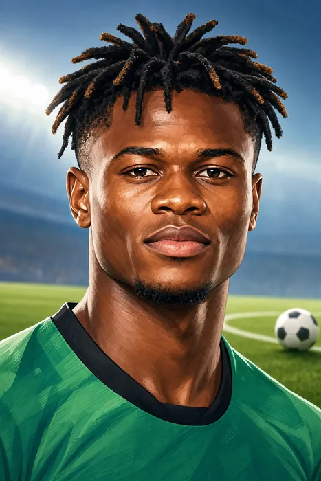 Illustrated head-and-shoulders portrait of footballer Gift Orban with subtle football cues.