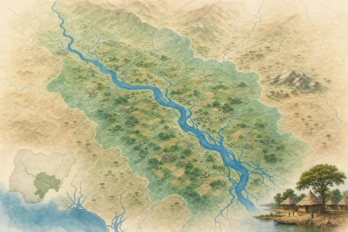Map of Nigeria showing the Benue River running through Benue State, with soft shading for Tiv settlement areas.