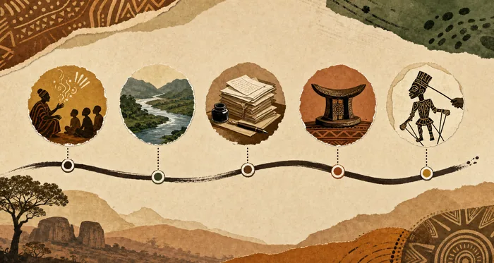 Timeline showing oral tradition before the 19th century, 1852 European contact, 1906 to 1911 British entry, 1911 missions, 1948 paramount chieftaincy development and 2019 UNESCO recognition.
