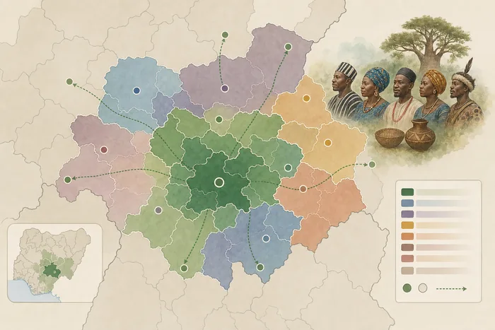 Infographic map showing Benue State with Tiv-majority areas, alongside labels for Idoma, Igede and nearby states with Tiv communities.