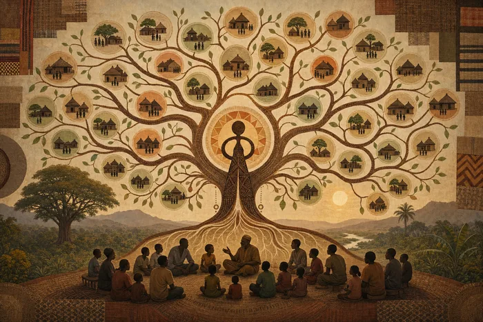 A respectful illustrated family tree motif with Tiv lineage branches spreading outward from an ancestral figure symbol.