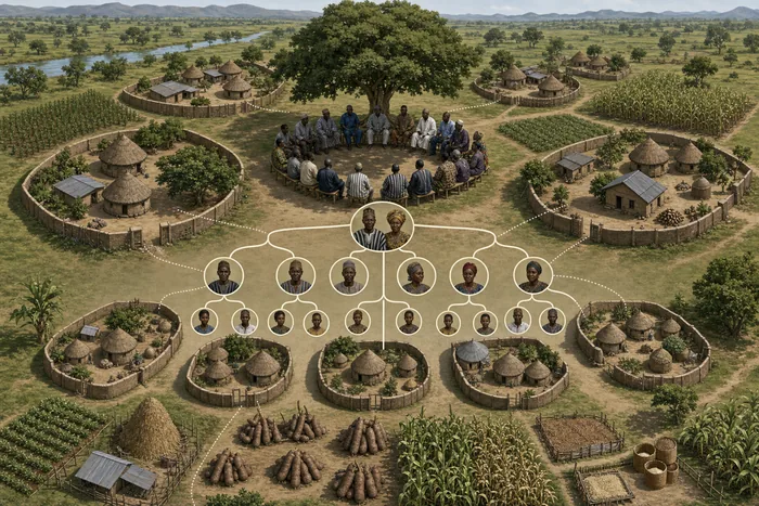 Diagram of Tiv lineage segments connected to compounds, farmland and elder councils.