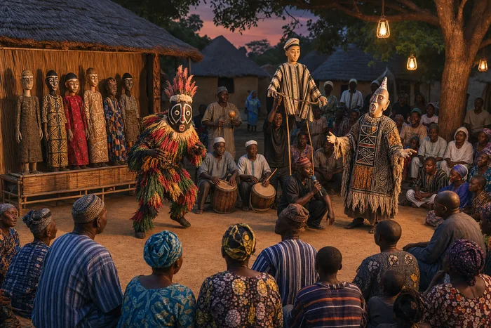 A Kwagh-hir performance scene with puppets, masked figures, musicians and an audience gathered in a community setting.