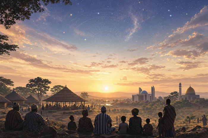 Symbolic image showing a sky motif for Aondo, community gathering spaces, and modern church and mosque silhouettes in the distance.