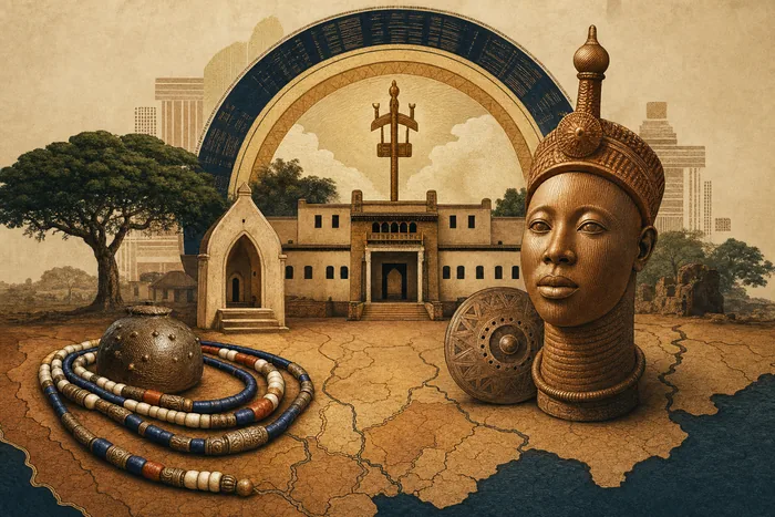 Illustrated city marker for Ile-Ife with symbols of palace, shrine, terracotta head, and ancient beadwork.