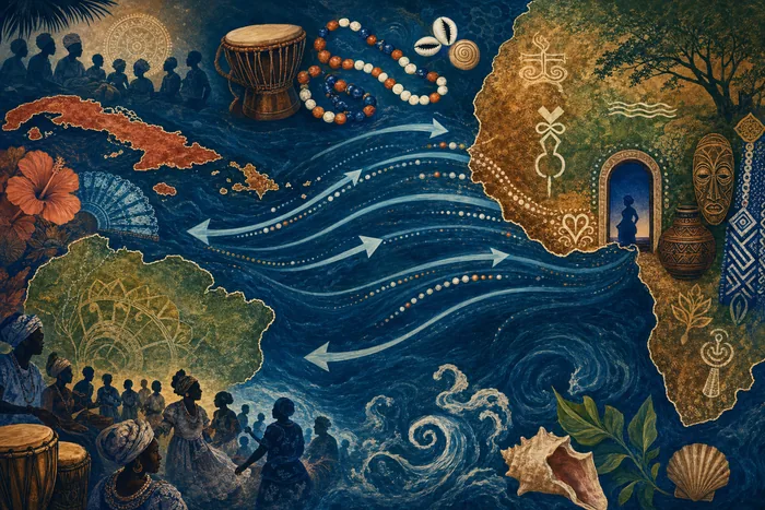 Atlantic map with arrows from West Africa toward Cuba and Brazil, paired with symbols of orisha devotion, drums, names, and diaspora community practice.