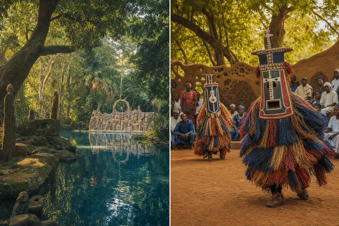 Two-panel heritage scene showing a sacred forest and river beside a respectful depiction of Gelede masked performance with audience and community setting.