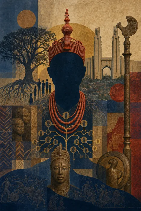 Layered portrait-style graphic showing Oduduwa represented through symbols of crown, ancestry tree, sacred staff, and Ile-Ife city gate.