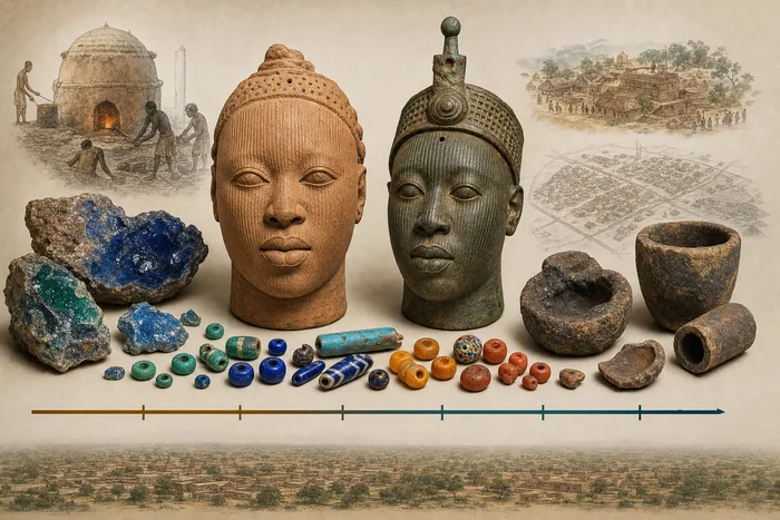 Infographic of Ife terracotta head, copper-alloy head, glass furnace fragments, and coloured beads arranged around a timeline from the 11th to 15th centuries.
