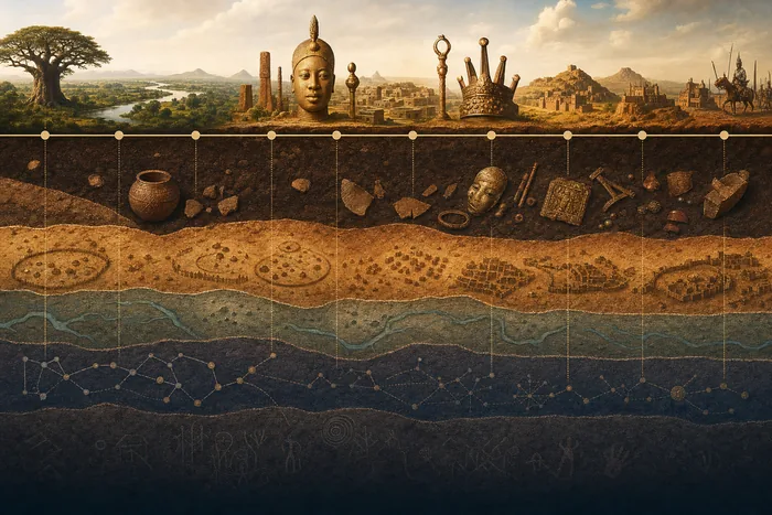 Stratified timeline graphic with lower layers labelled early settlement and language history, upper layers labelled Ife, Oduduwa traditions, and later kingdoms.
