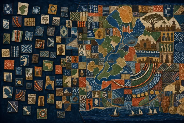 Mosaic of name tiles reading Ife, Oyo, Ijebu, Ekiti, Nago, Anago, Aku, Lucumi, and Yoruba, gradually joining into a larger pattern.