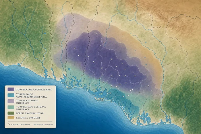 Soft-edged regional map shading southwestern Nigeria and neighbouring areas of Benin and Togo, with modern borders shown as thin lines.