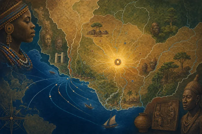 Map-style view of southwestern Nigeria with Ile-Ife highlighted, extending toward Benin, Togo, Oyo, Osogbo, and Atlantic diaspora routes.