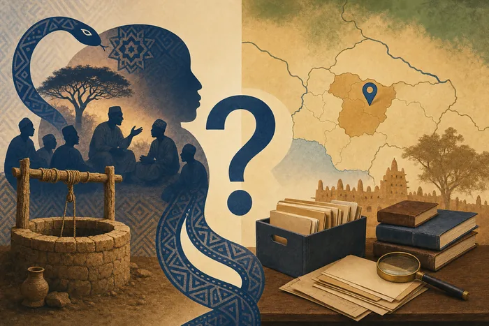 Illustrated question card showing a well, a serpent motif, and a map pin on Daura with the text 'Tradition and history: how do we read them?'