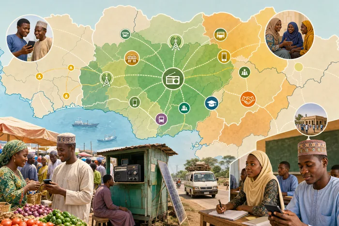 Modern map of Nigeria and Niger with Hausa-speaking zones and icons for radio, markets, phones and schools.