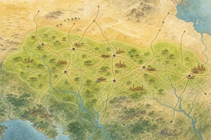 Map showing a broad shaded Hausa cultural zone across northern Nigeria and southern Niger with dotted trade and contact lines.