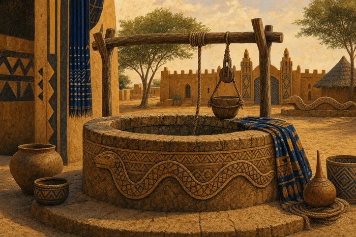Illustration of an old well in Daura with royal and serpent symbolism, labelled as an oral tradition scene.