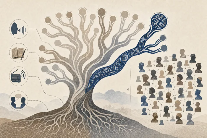 Infographic tree showing Afroasiatic language family branching to Chadic and then Hausa, with a note that language is not ancestry.