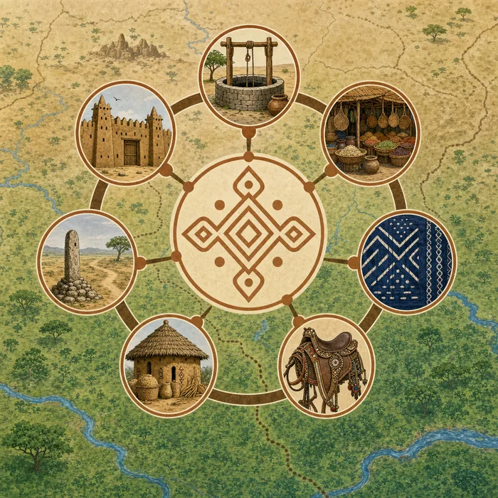 Seven illustrated tiles labelled Daura, Kano, Katsina, Zazzau/Zaria, Gobir, Rano and Biram around a central Hausaland label.