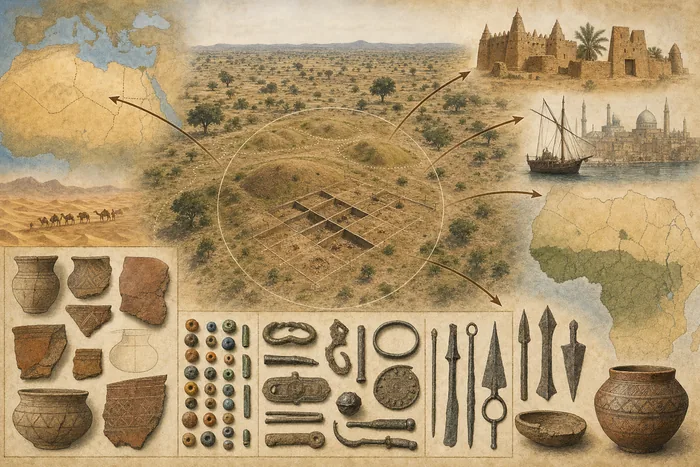 Archaeological-style visual showing burial mounds near Katsina and Daura with artifact outlines and contact arrows.