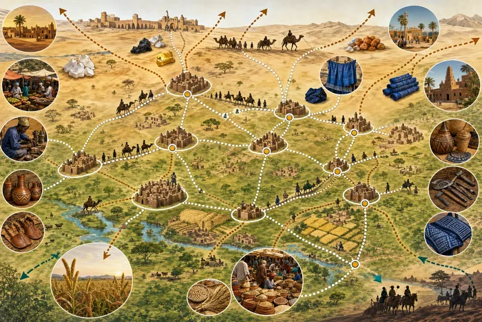 Map with caravan routes linking Hausa cities to Borno, the Sahara and West African trade zones, with icons for markets, crops and city walls.