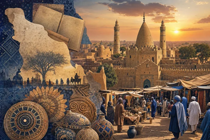 Composite image of a Hausa town with a mosque, manuscripts, market stalls and subtle symbols of older ritual traditions.