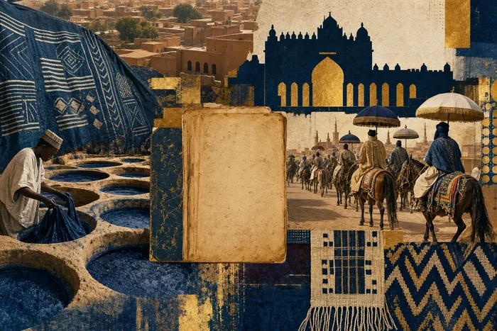 Collage of Kano dye pits, a manuscript page, a palace gate and decorated horse riders in procession.